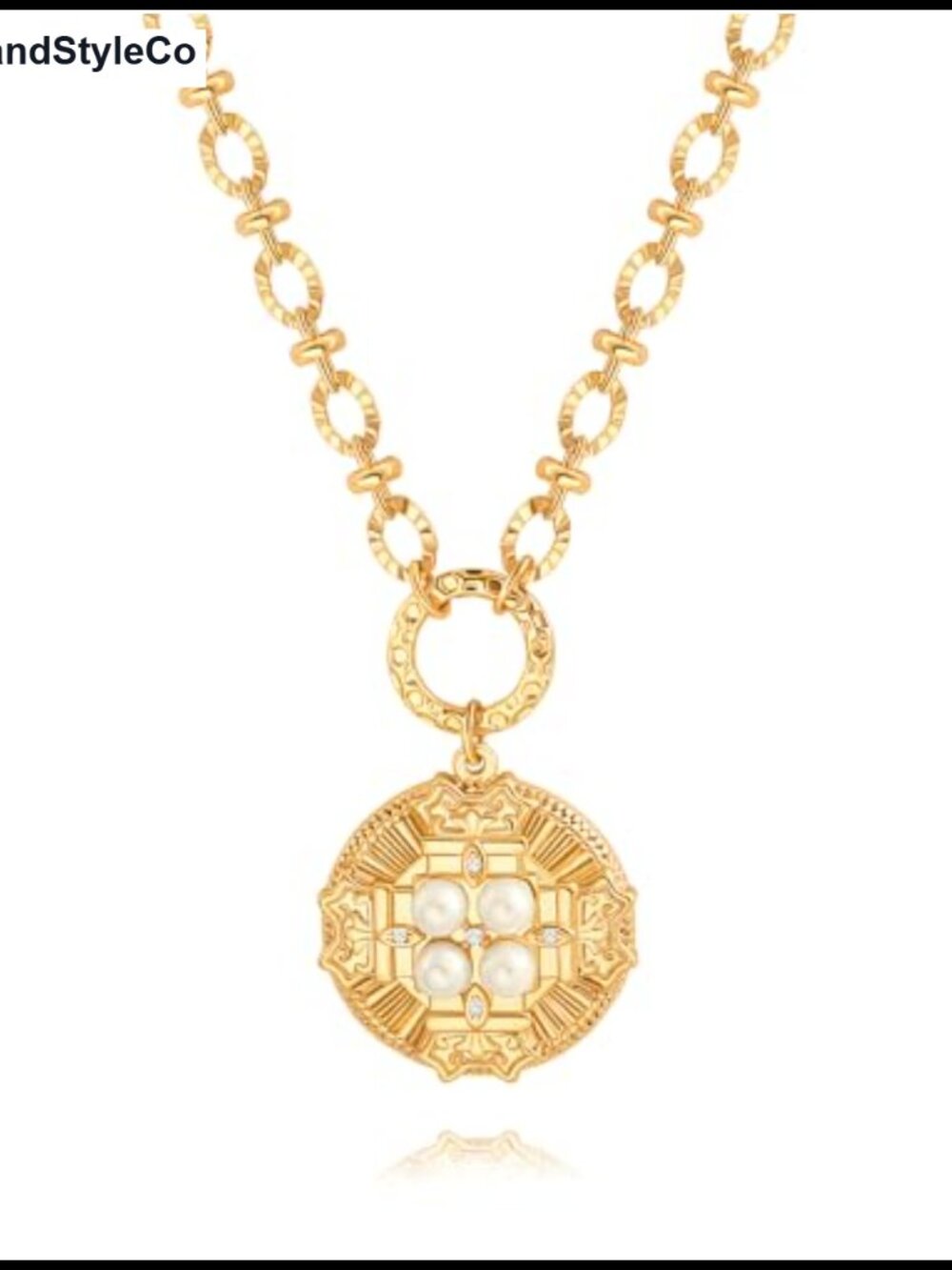 18k Gold Plated Chain Link Necklace Baroque Pearl Compass Pendant Women